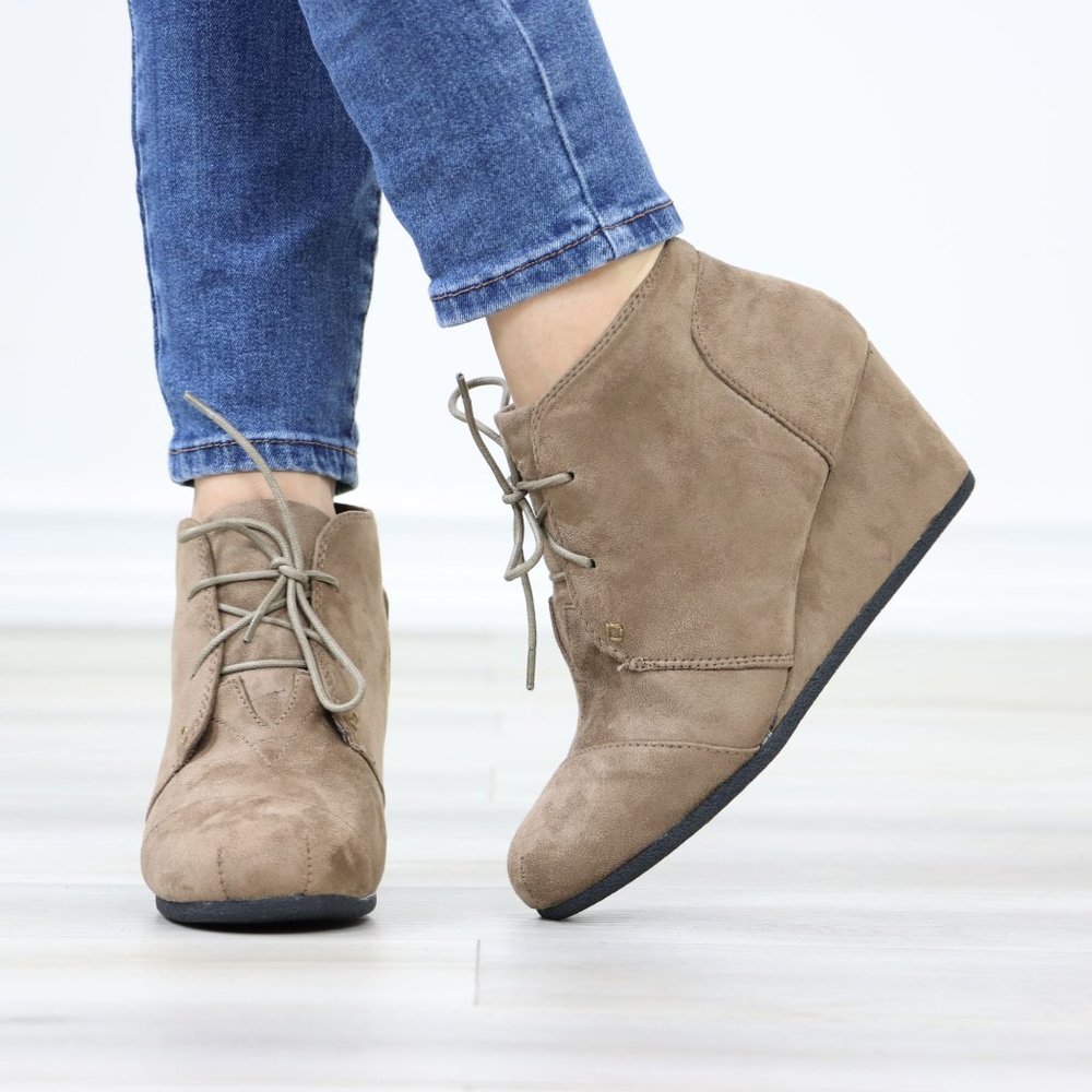 Taupe Faux Suede Round Toe Wedge Heel Lace Up Ankle Boots - Picture 2 of 12